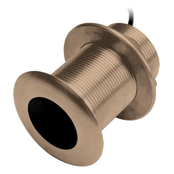 Navico gennemføringstransducer i bronze set fra siden med tekniske detaljer