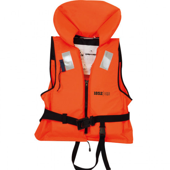 Redningsvest 1852 i orange, vist fremme med justerbare spænder.