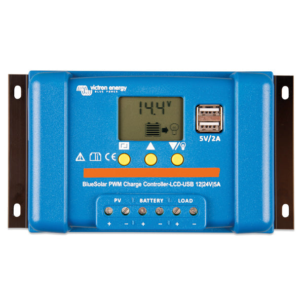 Victron BlueSolar PWM-LCD & USB 12/24V 5Amp, set forfra med skærm og porte