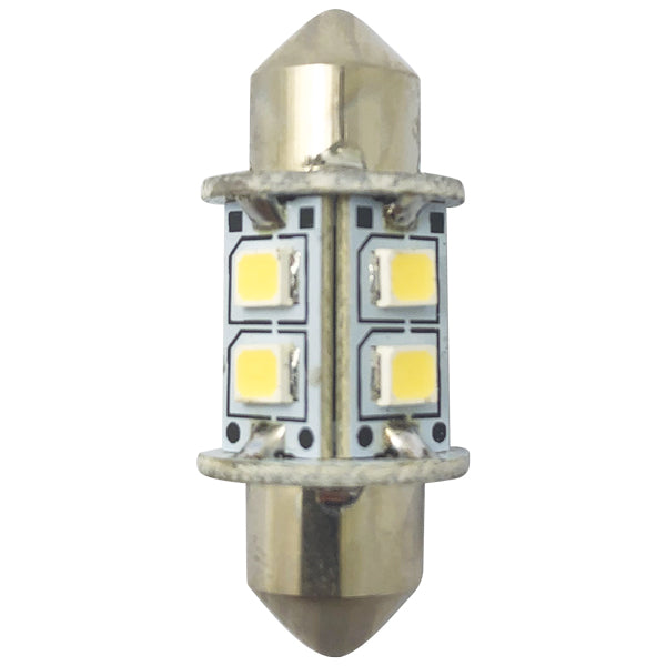 1852 LED pinolpære 31mm set forfra, med 6000K lysfarve til maritim brug.