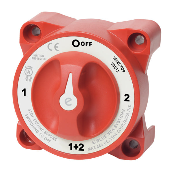 Blue Sea Systems batteriomskifter 350 Ah set forfra med betjeningsknapper.