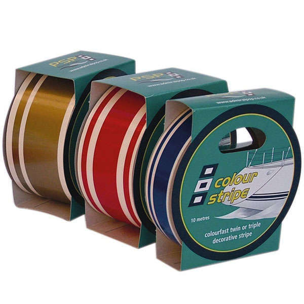 PSP Tape i guld med farve striber, vist på rulle.